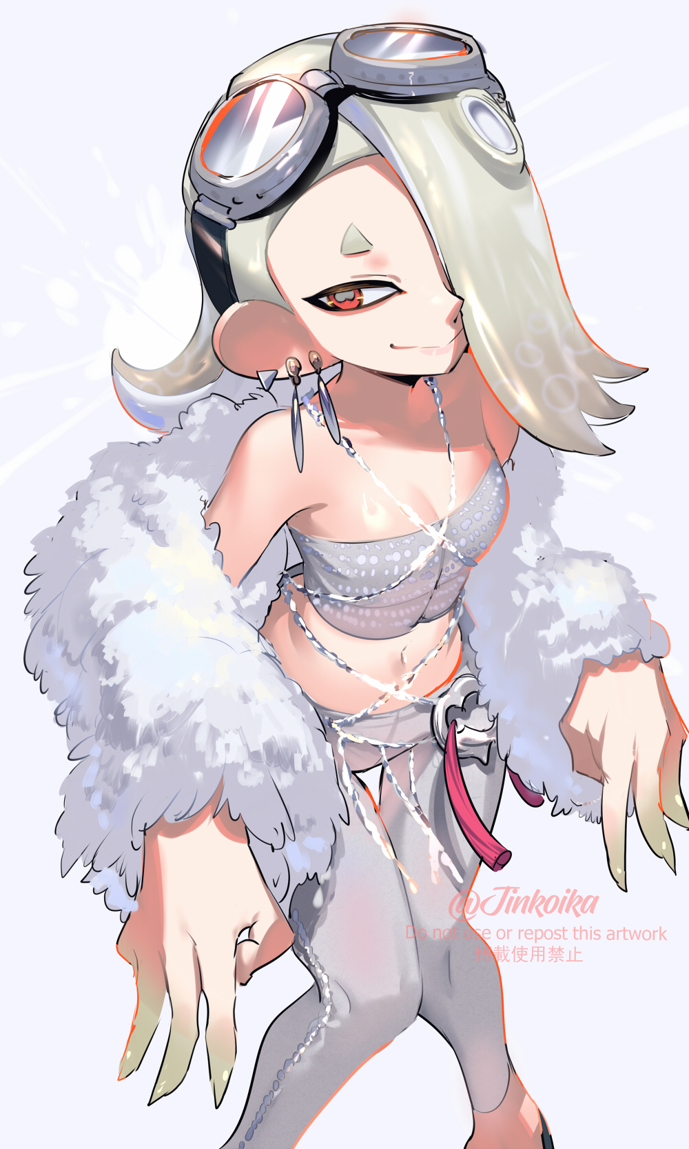 1girl, aviator_goggles, bare_shoulders, blonde_hair, breasts, bright_pupils, cephalopod_eyes, chinese_commentary