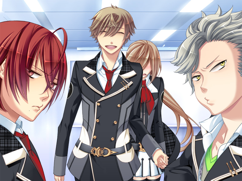 1boy, 3girls, ahoge, belt, bow, bowtie, brown_hair, buckle