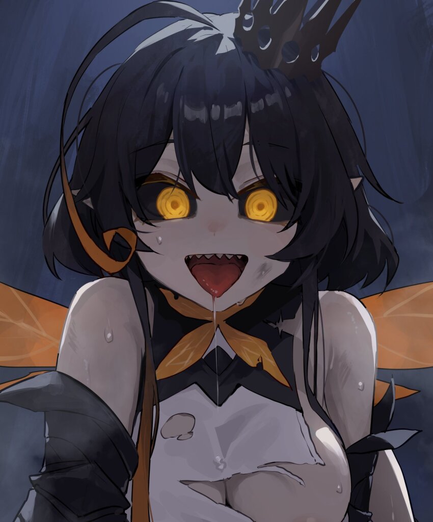 1girl, :d, ahoge, amog, arthropod_girl, bare_shoulders, bee_girl, bee_wings, black_hair, black_sclera, borrowed_character, breasts, chrom_(ac8231), colored_sclera, commission, crown, elbow_gloves, gloves, highres, insect_girl, insect_wings, large_breasts, looking_at_viewer, monster_girl, multicolored_hair, open_mouth, orange_hair, original, pointy_ears, saliva, sharp_teeth, shirt, sidelocks, skeb_commission, sleeveless, sleeveless_shirt, smile, sweat, teeth, tongue, tongue_out, torn_clothes, torn_shirt, upper_body, wings