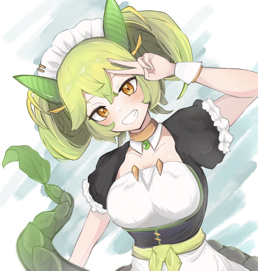 1girl, apron, arm_up, blush, breasts, collarbone, detached_collar, dragon_girl, dragon_horns, dragon_tail, duel_monster, green_hair, hair_ornament, hand_in_own_hair, highres, horns, large_breasts, maid, maid_apron, maid_headdress, orange_eyes, parlor_dragonmaid, parted_lips, short_sleeves, simple_background, skirt, smile, solo, tail, teeth, tmum8578, victory_pose, yu-gi-oh!