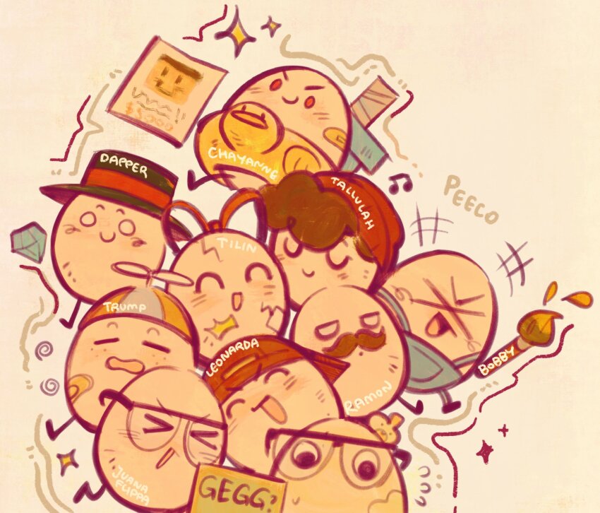 >_<, ^_^, animate_object, backwards_hat, beanie, bobby_(quackity_smp), brown_hair, character_name, chayanne, closed_eyes, commentary, crack, creature, creature_focus, dapper_(quackity_smp), diamond_(gemstone), duck_innertube, egg, english_commentary, everyone, facial_hair, gegg, glasses, googly_eyes, hat, highres, holding, holding_paintbrush, innertube, juanaflippa, leonarda_(quackity_smp), minecraft_youtube, mustache, no_humans, open_mouth, overalls, paintbrush, peeco_0, propeller_hat, quackity, quackity_smp, ramon_(quackity_smp), red_hat, red_ribbon, ribbon, sword, tallulah_(old_design)_(quackity_smp), tallulah_(quackity_smp), tilin, top_hat, trump_(quackity_smp), weapon