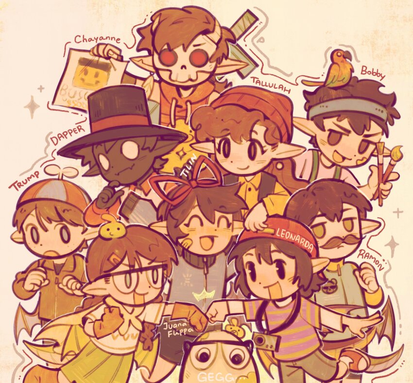 2girls, 2others, 4boys, absurdres, androgynous, animal, animal_on_head, animification, beanie, bird, bird_on_head, black_hair, black_skin, bobby_(quackity_smp), braid, brown_hair, camera, character_name, chayanne, child, colored_skin, commentary, creature, dapper_(quackity_smp), demon_boy, dragon_boy, dragon_girl, dragon_tail, dragon_wings, egg, english_commentary, everyone, facial_hair, fist_bump, gegg, glasses, gloves, hair_ribbon, hat, headband, heart, highres, juanaflippa, leonarda_(quackity_smp), long_hair, mask, minecraft_youtube, monster_boy, multiple_boys, multiple_girls, multiple_others, mustache, on_head, open_mouth, peeco_0, personification, pointy_ears, propeller_hat, quackity, quackity_smp, ramon_(quackity_smp), red_hat, red_ribbon, ribbon, shirt, skull_mask, striped_clothes, striped_shirt, sword, tail, tallulah_(old_design)_(quackity_smp), tallulah_(quackity_smp), tilin, top_hat, trump_(quackity_smp), twin_braids, weapon, wings