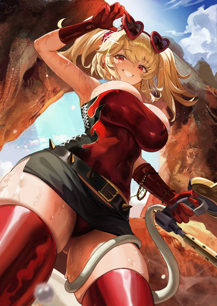 1girl, absurdres, alternate_costume, belt, black_belt, blonde_hair, blue_sky, breasts