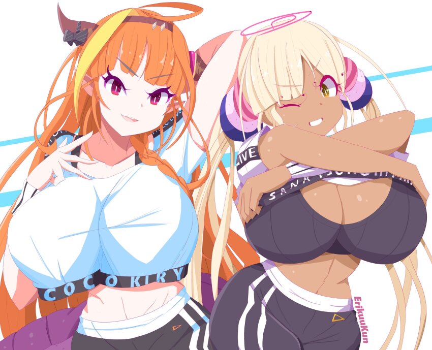 2girls, ahoge, black_sports_bra, blonde_hair, bow, breasts, cleavage, dark-skinned_female