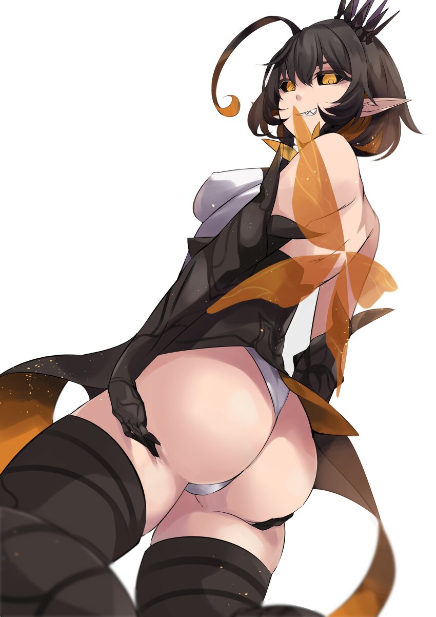 1girl, absurdres, ahoge, arthropod_girl, ass, bare_shoulders, bee_girl, bee_wings, black_gloves, black_hair, black_sclera, borrowed_character, breasts, chrom_(ac8231), colored_sclera, commission, crown, elbow_gloves, endou_(zettai_bluenoid), gloves, grabbing_own_ass, highres, insect_girl, insect_wings, leotard, looking_at_viewer, looking_back, medium_breasts, monster_girl, multicolored_hair, orange_hair, original, pointy_ears, ringed_eyes, second-party_source, sharp_teeth, simple_background, skeb_commission, teeth, white_background, white_leotard, wings