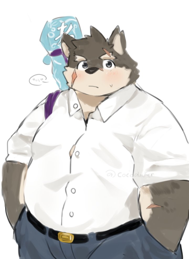 1boy, animal_ears, belt, black_belt, blue_pants, cocoducker, dog_boy, dog_ears, animal_nose, facial_scar, fat, fat_man, furry, furry_male, hands_in_pockets, light_blush, looking_at_viewer, male_focus, moritaka_(housamo), notched_ear, pants, scar, scar_across_eyebrow, scar_on_arm, scar_on_cheek, scar_on_face, scar_on_nose, school_uniform, shirt, spoken_blush, sweatdrop, sword, sword_on_back, thick_eyebrows, tokyo_houkago_summoners, weapon, weapon_on_back, white_background, white_shirt