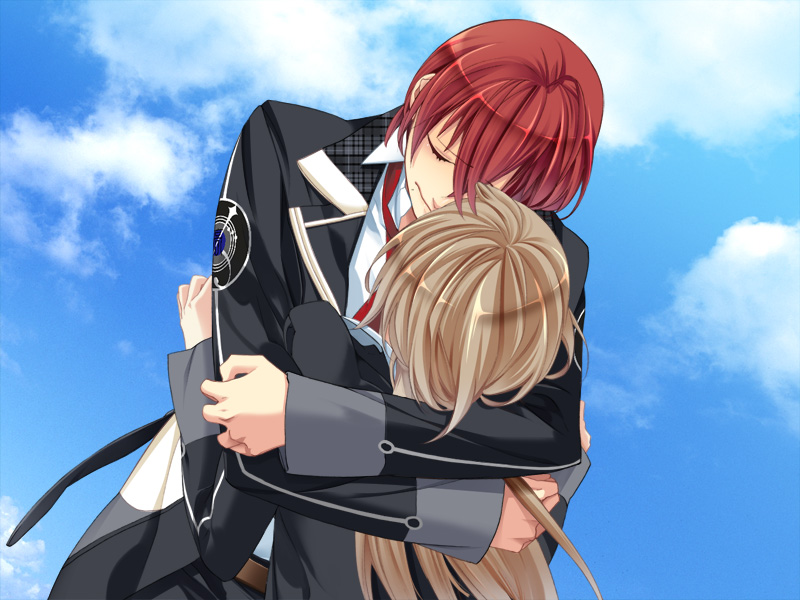 1boy, 1girl, brown_hair, closed_eyes, from_behind, game_cg, hetero, hug