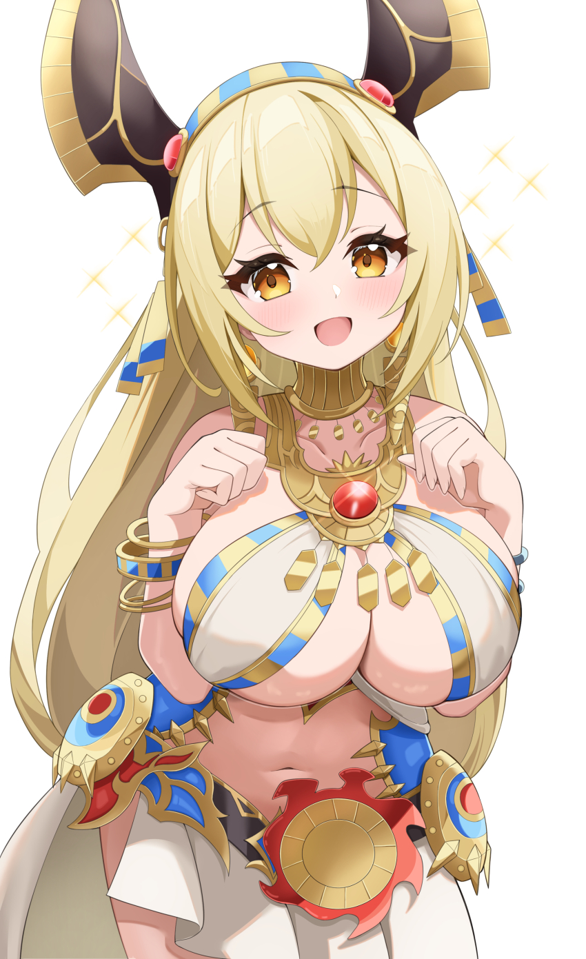 1girl, absurdres, aim_(megido72), ancient_egyptian, ancient_egyptian_clothes, animal_ears, armlet, bare_shoulders, bikini, bikini_top_aside, blonde_hair, blush, bracelet, breasts, breasts_squeezed_together, elegant_(sumisumi4268), gold, gold_necklace, highres, jackal_ears, jewelry, large_breasts, long_hair, looking_at_viewer, megido72, midriff, navel, necklace, open_mouth, simple_background, smile, solo, swimsuit, usekh_collar, white_background, yellow_eyes