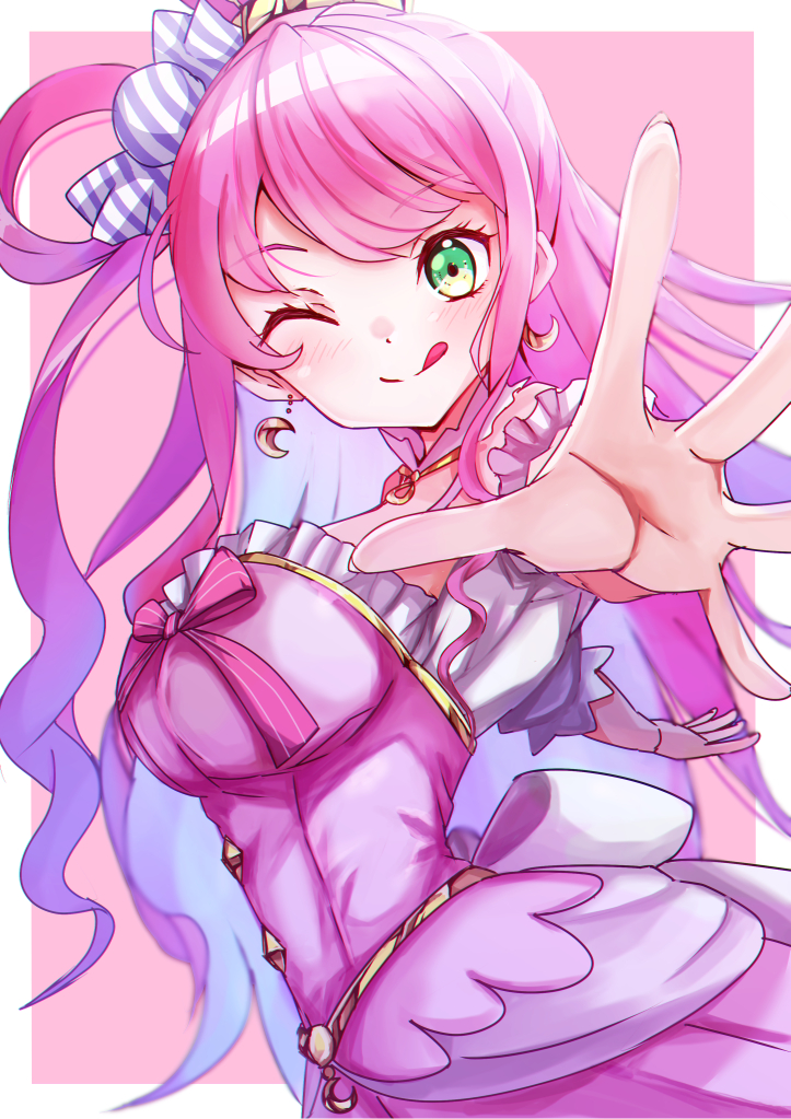 1girl, blue_hair, blush, candy_hair_ornament, colored_inner_hair, crescent, crescent_earrings, dress