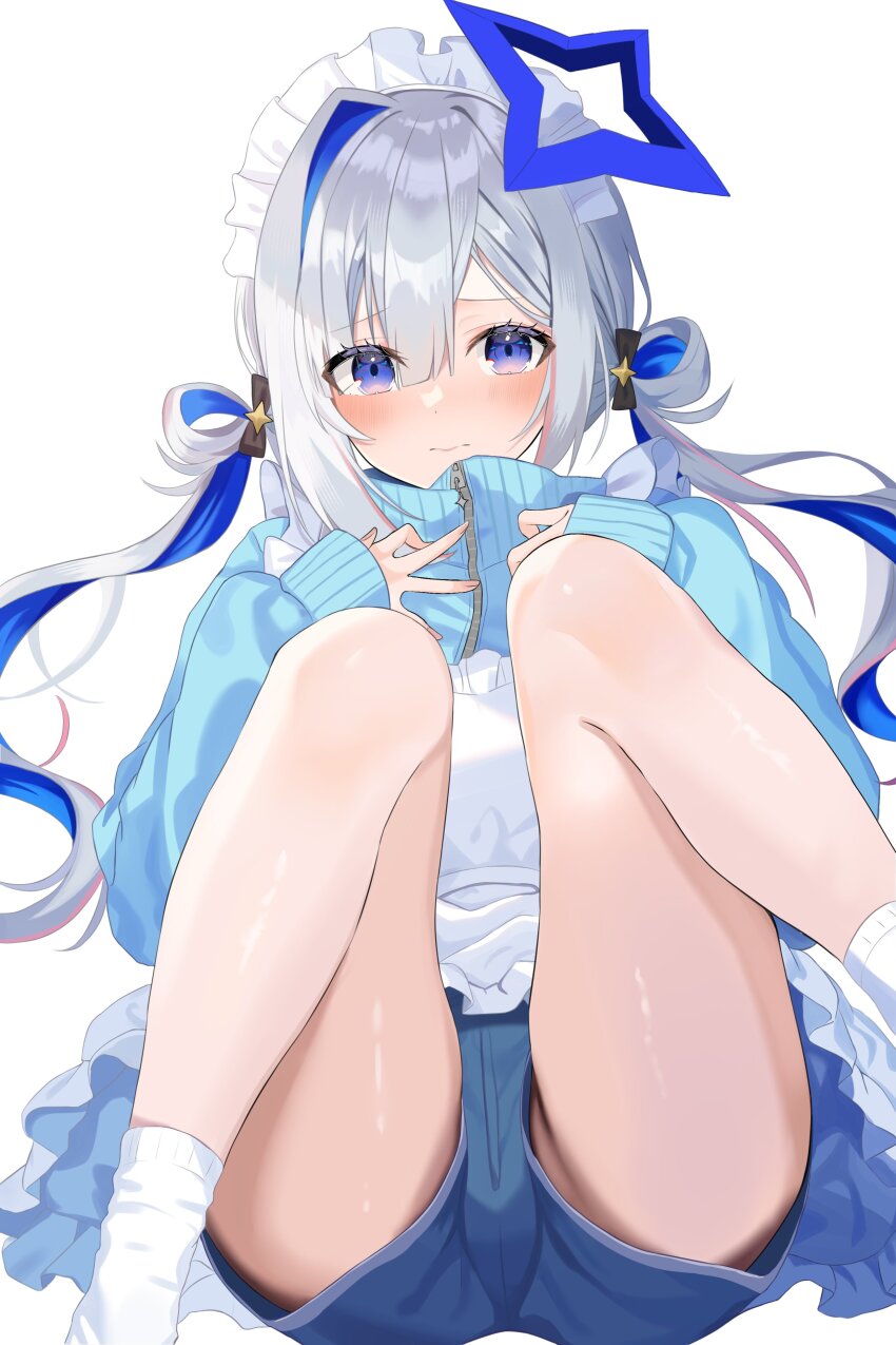 1girl, absurdres, alternate_costume, amane_kanata, apron, asymmetrical_bangs, blue_eyes, blue_hair