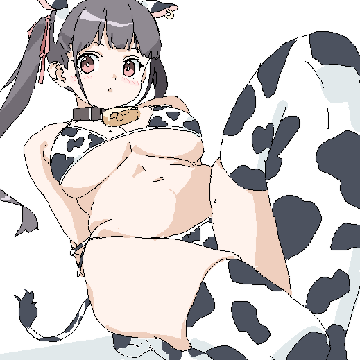 1girl, animal_ears, animal_print, bell, bikini, borrowed_character, breasts, brown_hair, cleavage, cow_ears, cow_girl, cow_girl_(riki_unc), cow_horns, cow_print, cow_print_bikini, cow_print_thighhighs, cow_tail, cowbell, dot_nose, fake_animal_ears, futao_miruku_(riki), horns, large_breasts, lokulo_no_mawashimono, long_hair, mole, mole_on_breast, mole_on_thigh, navel, neck_bell, oekaki, original, print_bikini, print_thighhighs, red_eyes, simple_background, solo, swimsuit, tail, thighhighs, twintails, white_background