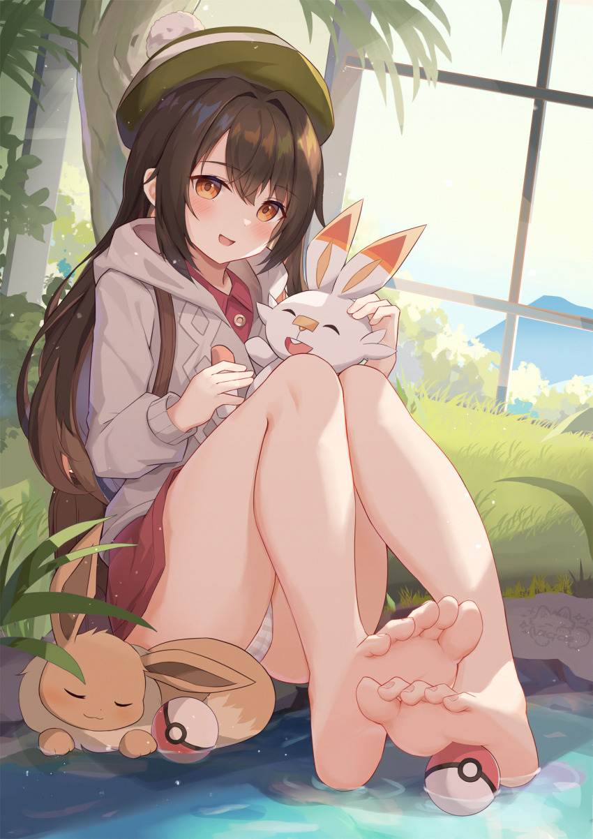 1girl, :d, barefoot, brown_bag, brown_hair, cameltoe, cardigan, eevee