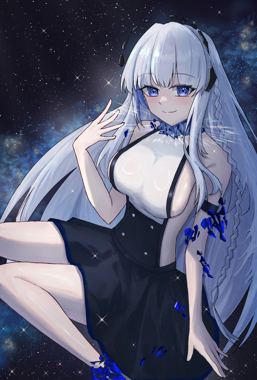 1girl, aazz226652, absurdres, bare_legs, bare_shoulders, blue_eyes, blush, braid