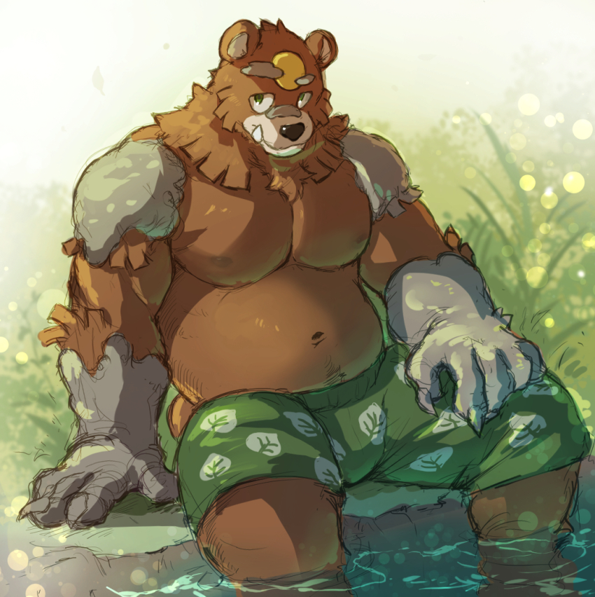1boy, animal_ears, bara, bare_pectorals, bear_boy, bear_ears, belly, blackham, brown_fur, claws, closed_mouth, commentary, facial_mark, fang, furry, furry_male, green_eyes, green_pants, hand_on_lap, leaf_print, looking_at_viewer, male_focus, navel, nintendo, nipples, pants, pectoral_cleavage, pectorals, pokemon, sitting, smile, topless_male, ursaluna, wading