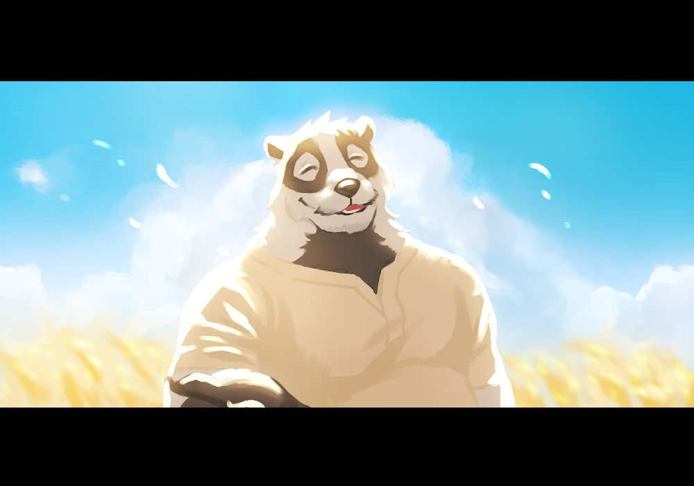 1boy, badger_boy, badger_ears, blackham, blue_sky, brown_shirt, claws, closed_eyes