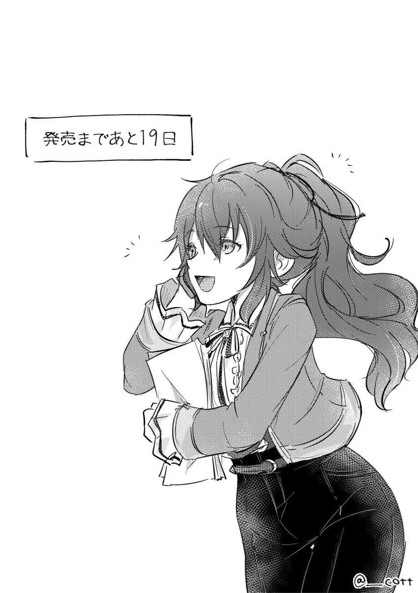 1girl, :d, absurdres, commentary_request, countdown, eiyuu_densetsu, greyscale, hair_between_eyes