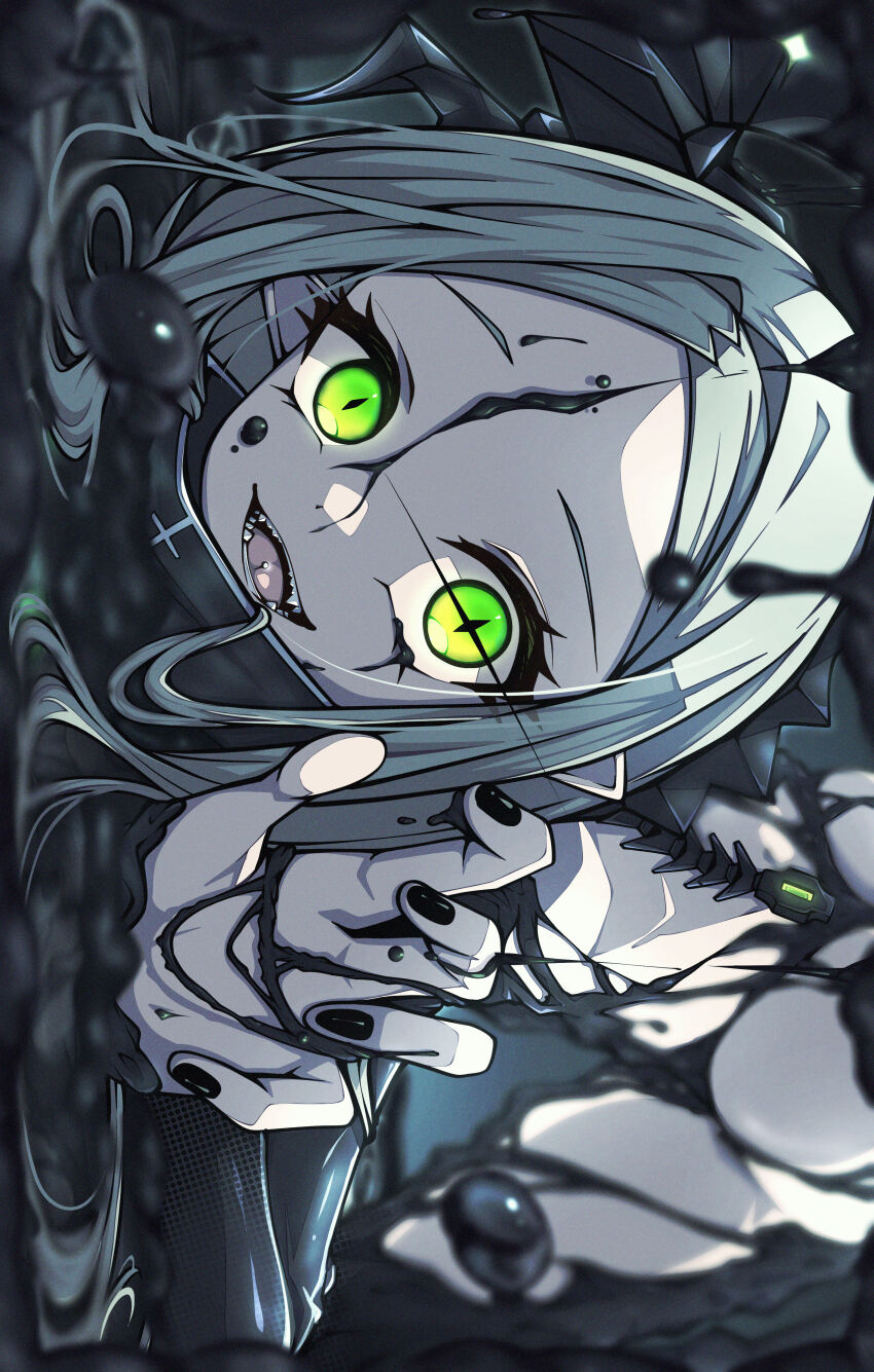 1girl, absurdres, black_horns, black_liquid, black_nails, fangs, forehead, goddess_of_victory:_nikke