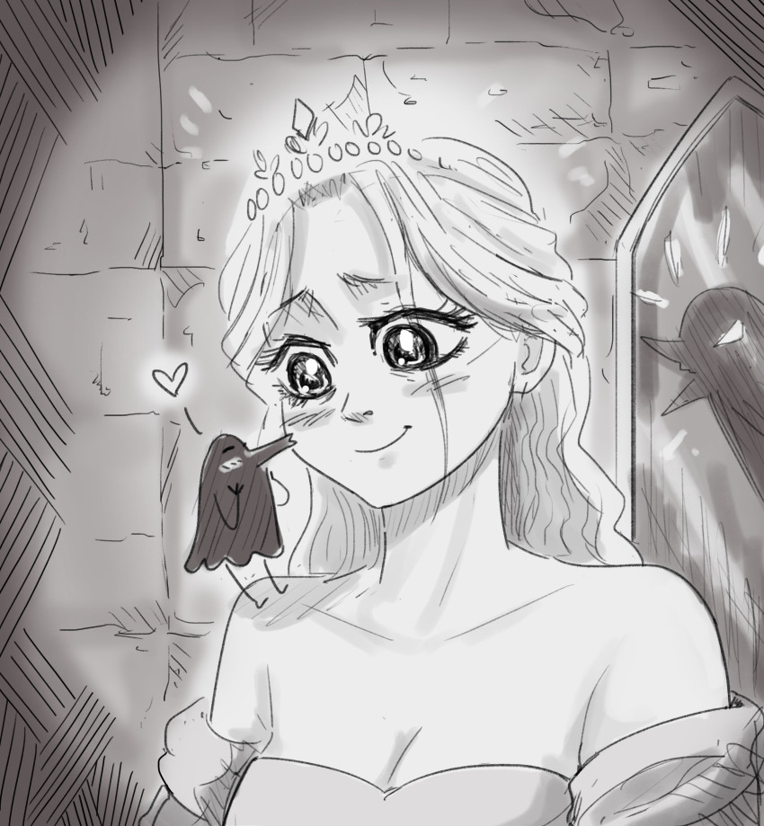 1girl, absurdres, bare_shoulders, bird, blush, breasts, cleavage, closed_mouth, commentary, dress, english_commentary, greyscale, heart, highres, kiss, kissing_cheek, long_hair, mirror, monochrome, princess, princess_(slay_the_princess), roytukaee, slay_the_princess, smile, strapless, strapless_dress, the_hero_(slay_the_princess), tiara
