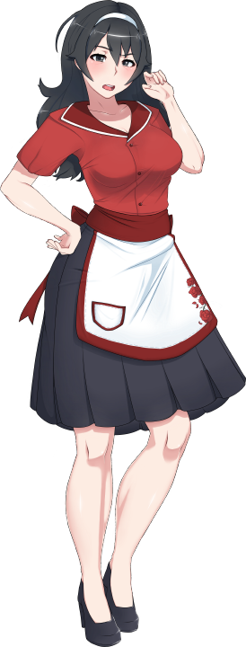 1girl, apron, black_eyes, black_hair, black_shoes, black_skirt, breasts, buttons