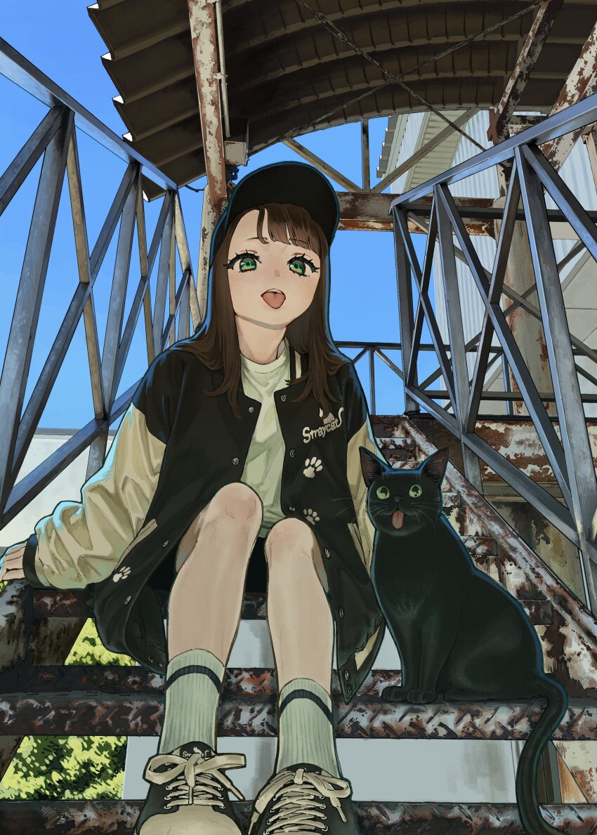 1girl, absurdres, animal, asymmetrical_bangs, baseball_cap, black_cat, black_hat, black_jacket