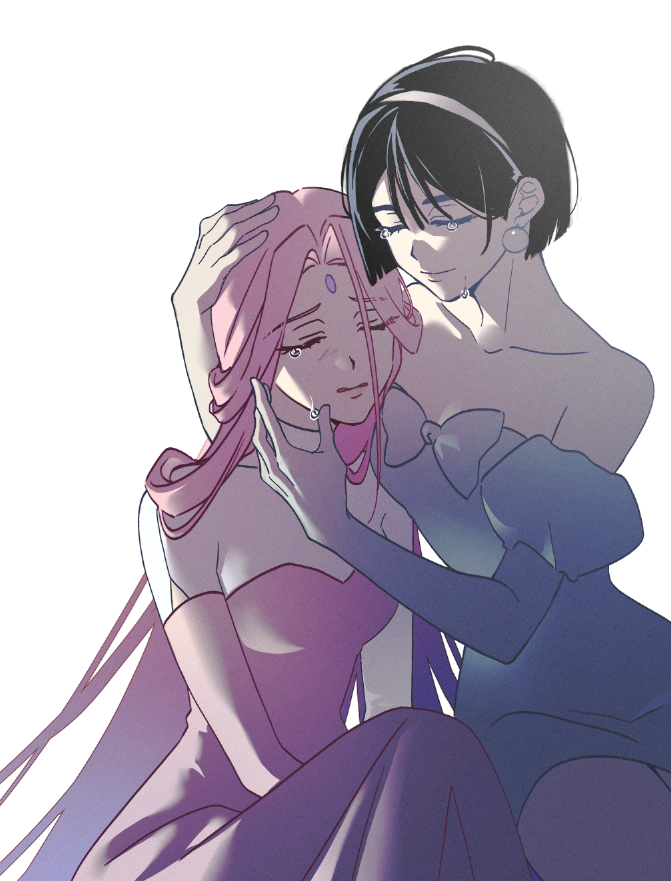 2girls, alien_stage, bare_shoulders, black_hair, blue_hair, commentary, crying, dress