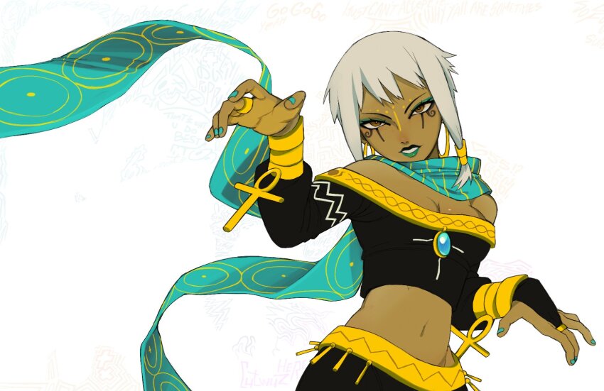 1girl, alternate_costume, alternate_design, ankh, black_shirt, blue_eyeshadow, blue_nails, blue_scarf