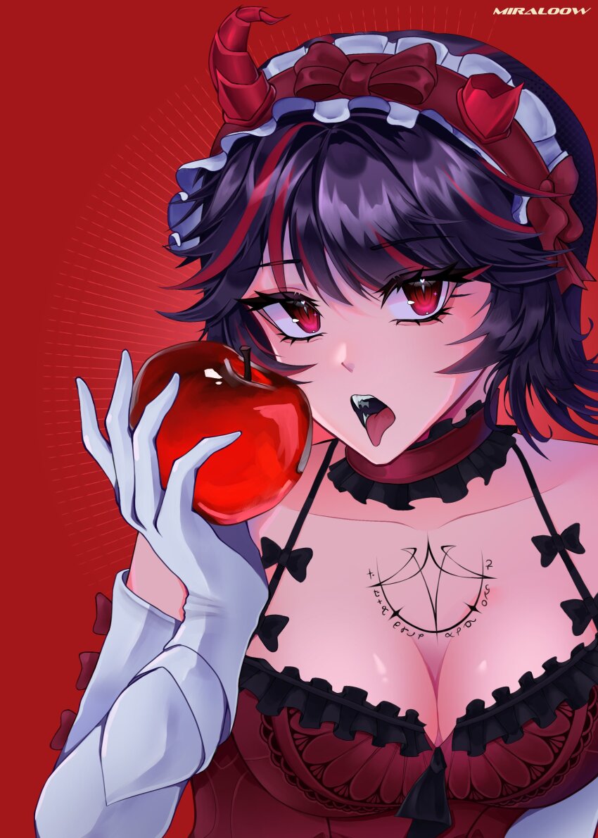 aaethervox, absurdres, apple, black_hair, breasts, broken_horn, chest_tattoo, choker, cleavage, demon_horns, dress, elbow_gloves, fake_horns, fangs, food, frilled_choker, frilled_dress, frilled_headwear, frills, fruit, gloves, highres, holding, holding_food, holding_fruit, horns, lucia:_plume_(pgr), lucia:_plume_(vermillion_bargain)_(pgr), lucia_(pgr), magic_circle, medium_hair, multicolored_hair, open_mouth, punishing:_gray_raven, red_choker, red_dress, red_eyes, red_hair, red_headdress, slit_pupils, streaked_hair, tattoo, tongue, tongue_out, white_gloves