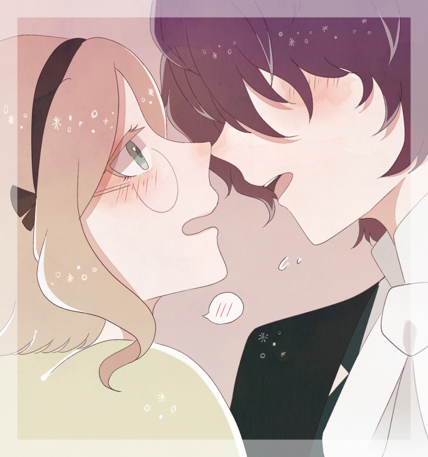 1boy, 1girl, aqua_eyes, blush, brown_hair, bungou_stray_dogs, collared_shirt, commentary_request