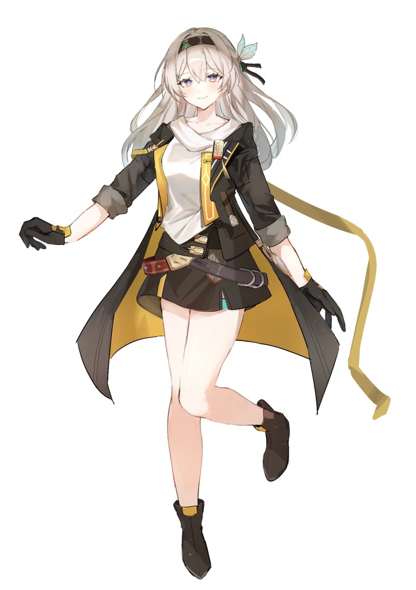 1girl, black_footwear, black_gloves, black_hairband, black_jacket, black_skirt, breasts, cosplay