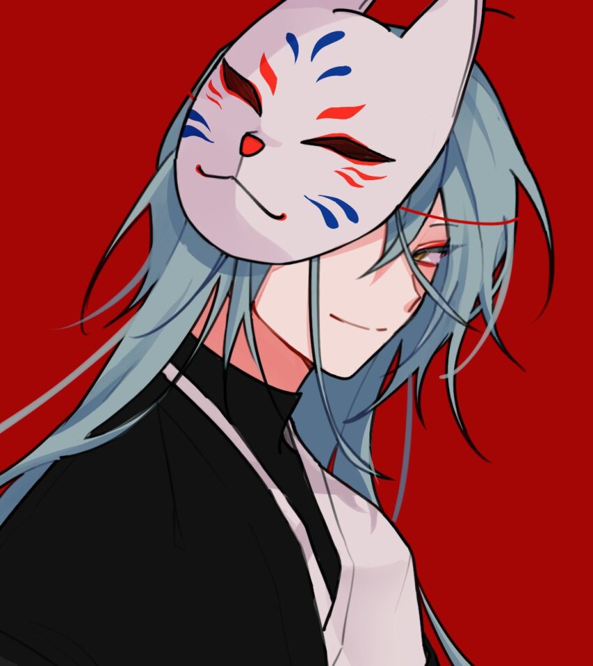 1boy, ashe_bradley, covering_one_eye, eyeliner, fox_mask, green_hair, highres, long_hair, looking_at_viewer, makeup, male_focus, mask, miha, red_background, red_eyeliner, smile, sweater, turtleneck, turtleneck_sweater, witch's_heart, yellow_eyes