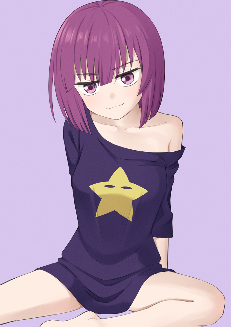1girl, bare_legs, barefoot, bob_cut, breasts, closed_mouth, collarbone, easy_(aqk7bdqt), hair_between_eyes, large_breasts, looking_at_viewer, purple_background, purple_eyes, purple_hair, purple_shirt, shirt, simple_background, single_off_shoulder, sitting, smile, solo, star_(symbol), star_print, yozakura-san_chi_no_daisakusen, yozakura_shion