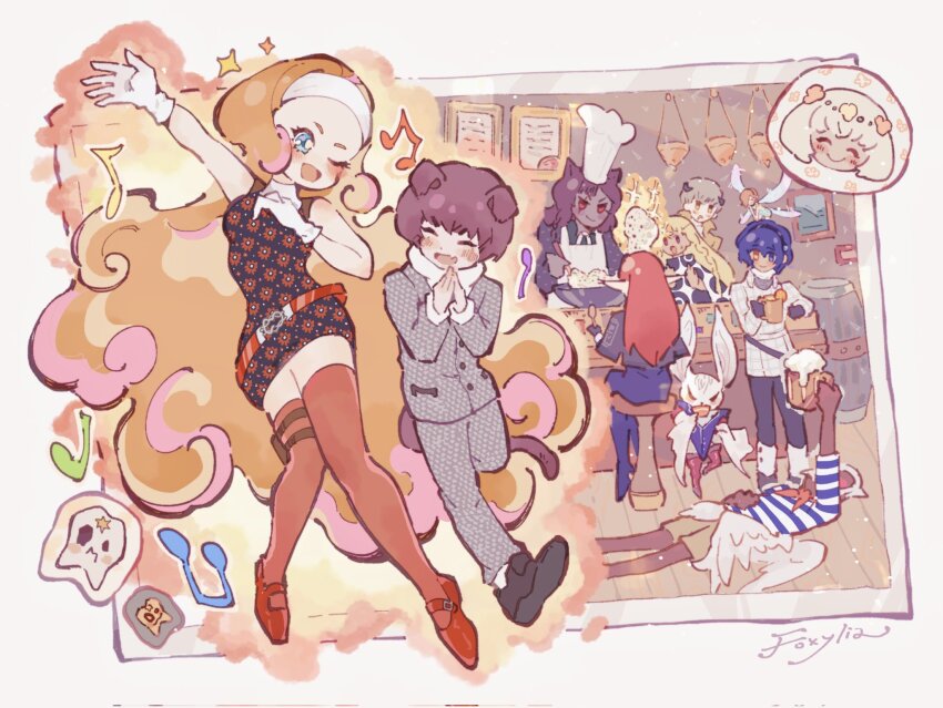 4girls, 5boys, ^_^, absurdly_long_hair, alcohol, animal_ears, apron, bar_stool