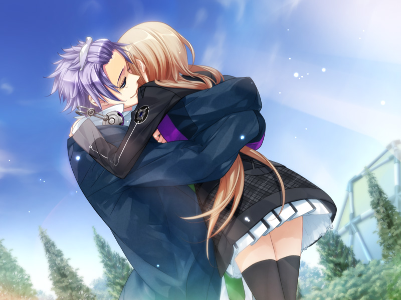 1boy, 1girl, amaha_tsubasa, black_thighhighs, brown_hair, game_cg, hetero, hug