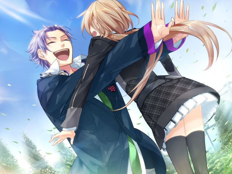 1boy, 1girl, :d, ^_^, amaha_tsubasa, blonde_hair, closed_eyes, coat