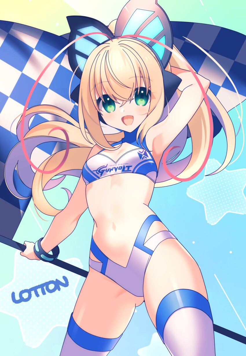 1girl, antenna_hair, arm_behind_head, armpits, azure_striker_gunvolt, azure_striker_gunvolt_2, bare_shoulders, blonde_hair