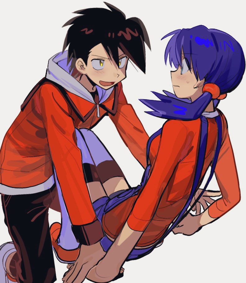 1boy, 1girl, afyewv5, black_hair, black_pants, blue_eyes, blue_hair, blue_overalls