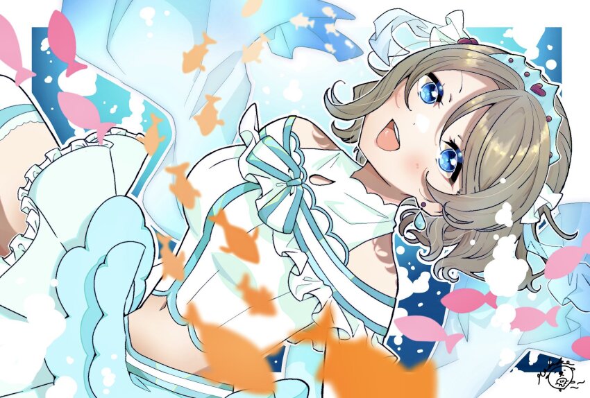 bare_shoulders, blue_eyes, brown_hair, dress, earrings, fish, frilled_dress, frilled_skirt