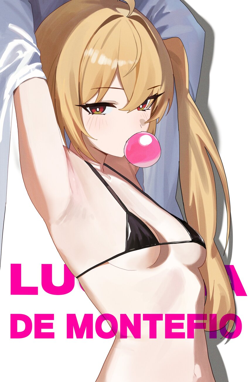 1girl, absurdres, alternate_costume, bikini, black_bikini, blonde_hair, blowing_bubble_gum, blowing_bubbles