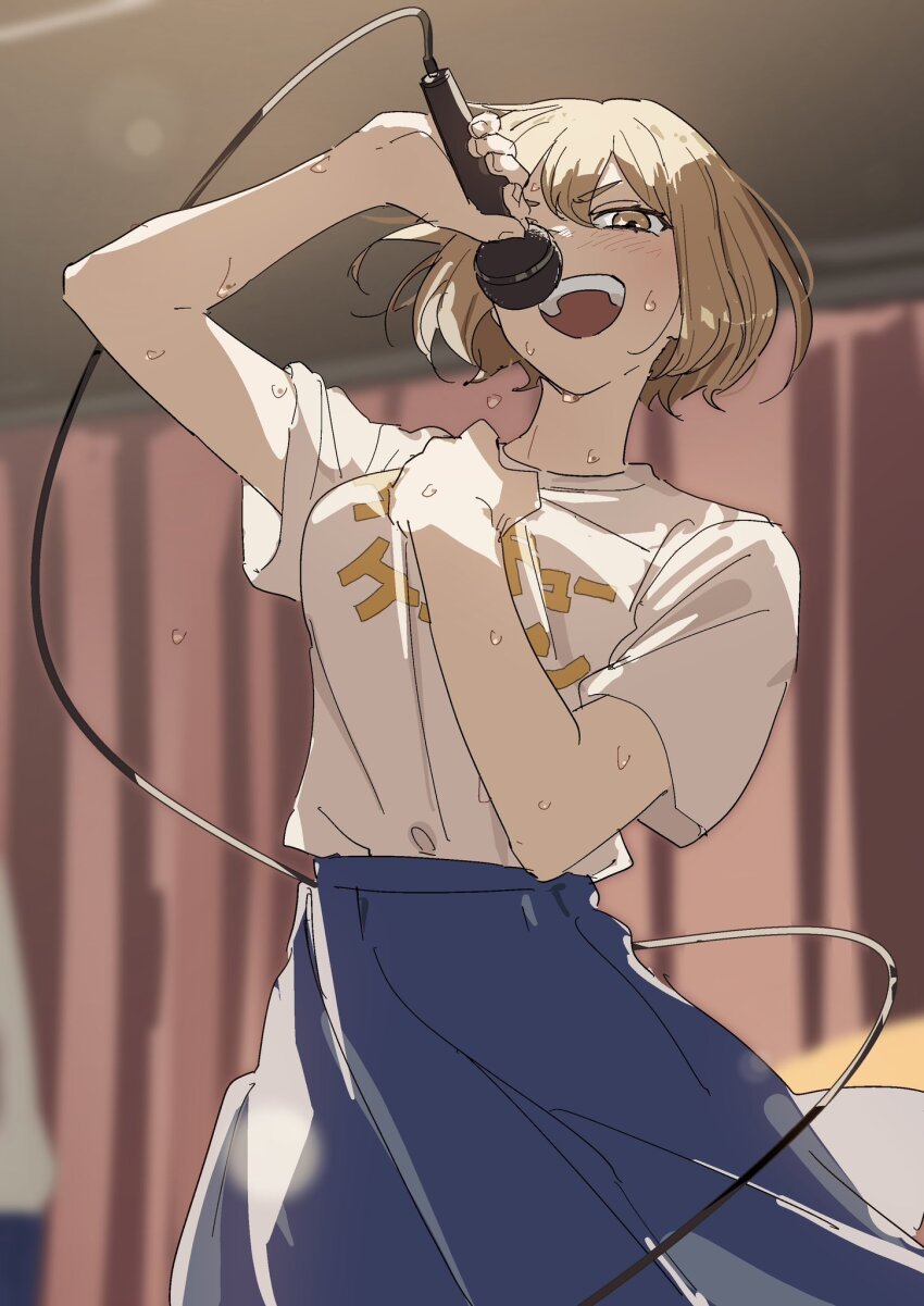 1girl, :d, arm_up, audio_cable, blue_skirt, blush, bob_cut, breasts