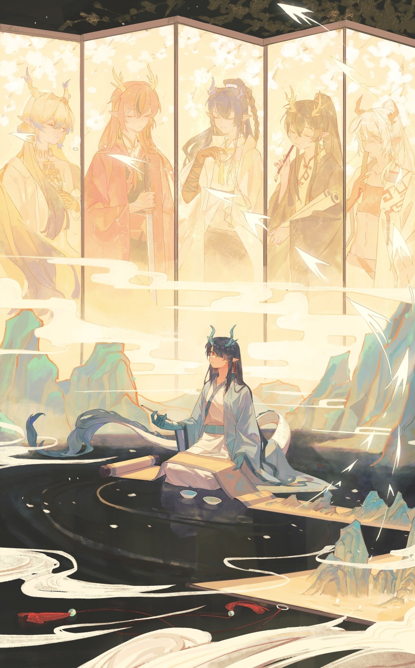 1boy, 4girls, absurdres, arknights, bandeau, black_hair, blonde_hair, blue_hair, calligraphy_brush, character_request, chinese_clothes, chinese_commentary, choko_(cup), closed_eyes, closed_mouth, colored_extremities, commentary_request, crop_top, cup, dragon_girl, dragon_horns, dragon_tail, dusk_(arknights), earrings, folded_fan, folding_fan, folding_screen, hair_between_eyes, hair_intakes, hair_over_one_eye, hand_fan, hand_up, hanfu, highres, holding, holding_calligraphy_brush, holding_fan, holding_paintbrush, holding_scroll, holding_sword, holding_weapon, horns, japanese_clothes, jewelry, jianbing_guozi, jie_(arknights), kimono, ling_(arknights), long_hair, long_sleeves, magic, midriff, multiple_girls, navel, necklace, nian_(arknights), one_eye_covered, open_clothes, orange_bandeau, paintbrush, pointy_ears, purple_hair, red_eyes, red_hair, scroll, seiza, shu_(arknights), sitting, smile, sword, tail, tassel, weapon, white_hair