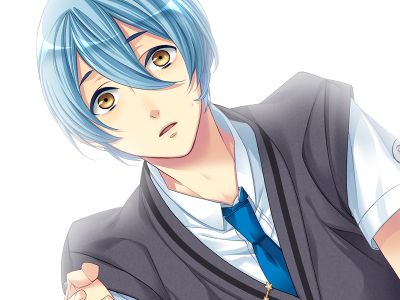 1boy, :o, blue_hair, brown_eyes, game_cg, kanakubo_homare, looking_at_viewer, male_focus
