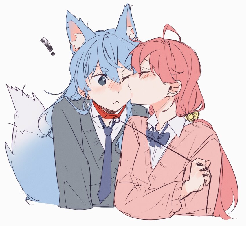 !, 2girls, animal_ears, black_bow, black_bowtie, black_necktie, blue_eyes, blue_hair