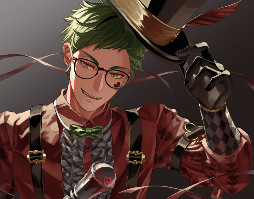 1boy, black_background, black_gloves, chikuwa_glasses, commentary_request, glasses, gloves, gradient_background, green_hair, hat, looking_at_viewer, male_focus, red_shirt, shirt, short_hair, simple_background, solo, suspenders, top_hat, trey_clover, trey_clover_(playful_attire), twisted_wonderland, upper_body, yellow_eyes