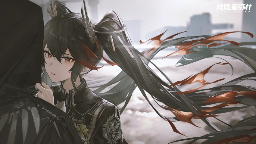 1girl, black_hair, black_jacket, character_request, copyright_name, hair_between_eyes, hair_ornament, highres