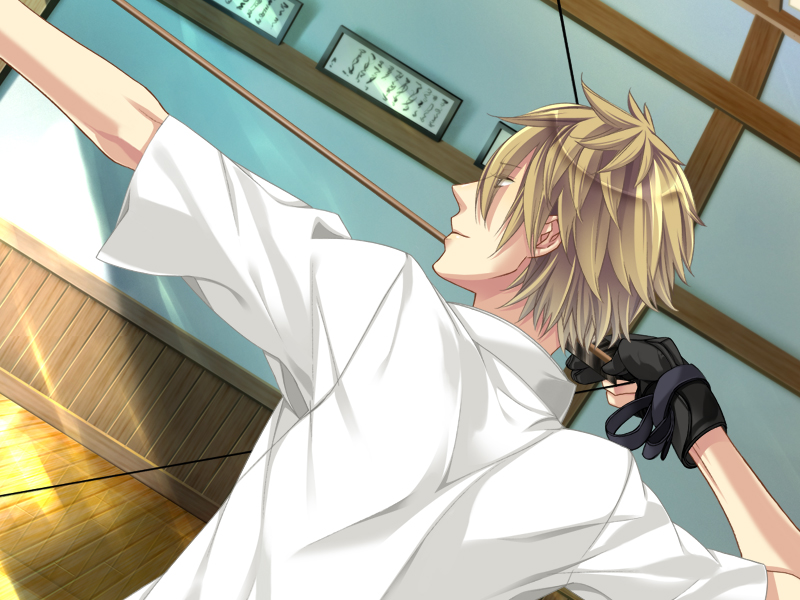 1boy, aiming, archery, arrow_(projectile), black_gloves, bow_(weapon), drawing_bow, from_behind, game_cg, gloves, holding_bow_(weapon), indoors, male_focus, miyaji_ryunosuke, outstretched_arm, partially_fingerless_gloves, shirt, short_sleeves, solo, starry_sky_(game), weapon, white_shirt
