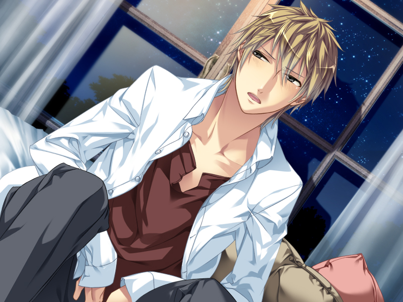 1boy, blonde_hair, curtains, game_cg, glass, hair_between_eyes, long_sleeves, looking_away