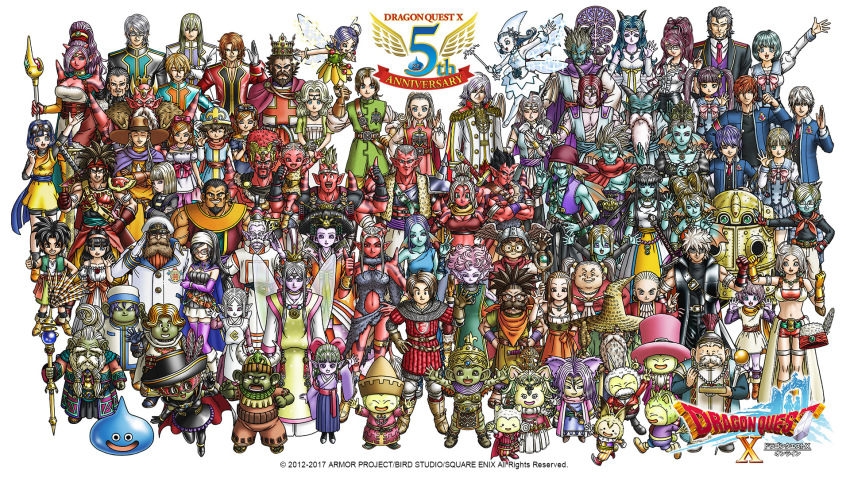 6+boys, 6+girls, ancestor_and_descendant, animal_ears, anlucea, anniversary, aqua_hair, aroldo_(dq10), artist_request, aruue, beard, blonde_hair, blue_hair, bow, breasts, brother_and_sister, brown_gloves, brown_hair, character_request, child, chili_(dq10), cleavage, closed_eyes, clothing_cutout, colored_skin, copyright_name, distan_(dq10), dragon_quest, dragon_quest_x, dual_persona, dwarf_(dq10), elf_(dq10), eruju_(dq10), estella_(dq10), everyone, facial_hair, fairy, fairy_wings, father_and_child, father_and_daughter, fina_(dq10), fins, firo_(dq10), foster_(dq10), fuura_(dq10), galapagod, glasses, gloves, green_hair, green_skin, hair_bow, hat, head_fins, hero_(dq10), highres, holding, holding_staff, holding_wand, horns, hyuuza_(dq10), isshou_(dq10), japanese_clothes, jienya_(dq10), jiganfu, kenja_buroggen, king, king_bagudo, kurouzu_(dq10), large_ears, lasca_(dq10), leine_(dq10), liryol_(dq10), looking_at_viewer, luchenda_(dq10), maiyu_(dq10), mask, midriff, miko_himea, mother_and_child, mother_and_son, multiple_boys, multiple_girls, naburetto, navel, navel_cutout, odisu_(dq10), official_alternate_costume, official_art, ogre_(dq10), old, old_man, old_woman, orange_hair, parent_and_child, patriarch_orstov, pink_bow, pink_hair, pink_hat, pink_skin, pirippo_(dq10), pointy_ears, prince, prince_laguas, princess, principal_nadia, puklipo, purple_hair, queen, queen_diore, raised_fist, raul_(dq10), red_skin, red_sports_bra, red_tabard, riin_(dq10), riruchera, risoru_(dq10), rizerotta_(dq10), robot, round_eyewear, rukoria_(dq10), runana_(dq10), saje_(dq10), seraphy_(dq10), seria_(dq10), shoulder_spikes, siblings, singh_(dq10), sisters, slime_(dragon_quest), somya_(dq10), spiked_hair, spikes, sports_bra, staff, tabard, thief, third-party_source, top_hat, touma_(dq10), tunic, twins, wand, waving, weddie_(dq10), wings, yellow_tunic