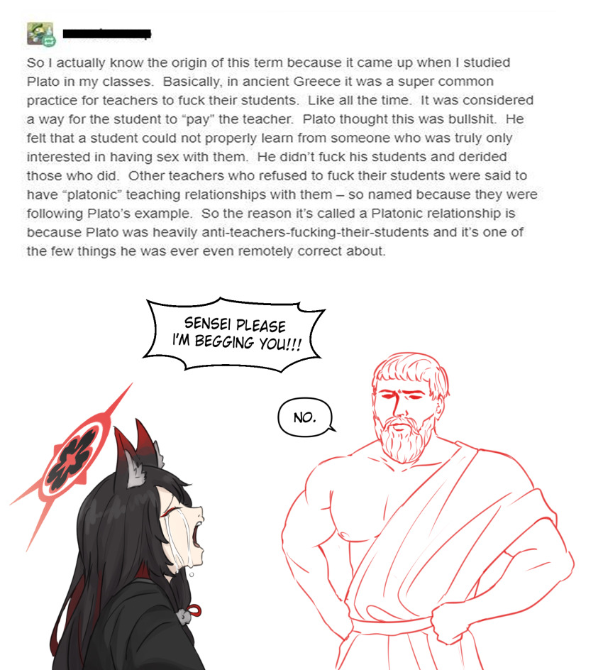 1girl, ancient_greek_clothes, animal_ear_fluff, animal_ears, black_hair, black_kimono, blue_archive, breasts, crying, crying_asagiri_aya_(meme), eyeshadow, facial_hair, fox_ears, fox_girl, greco-roman_clothes, halo, hand_on_own_hip, highres, japanese_clothes, kimono, long_hair, makeup, maven_(madeinheaven_23), meme, multicolored_hair, plato, red_eyeshadow, red_hair, red_halo, solo, standing, wakamo_(blue_archive), white_background, yellow_eyes