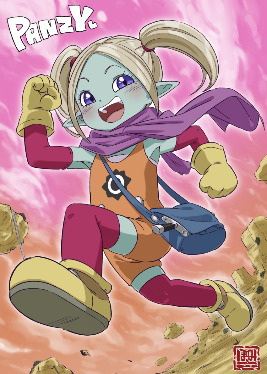 1girl, absurdres, aqua_skin, bag, blush, character_name, clenched_hands, colored_skin, dagger, dragon_ball, dragon_ball_daima, full_body, gloves, hair_tie, highres, knife, open_mouth, orange_overalls, outdoors, overalls, pansy_(dragon_ball_daima), parted_bangs, pink_sky, pointy_ears, pomita, purple_scarf, purple_thighhighs, red_socks, running, satchel, scarf, short_twintails, sky, smile, socks, solo, teeth, thighhighs, twintails, upper_teeth_only, weapon, yellow_gloves