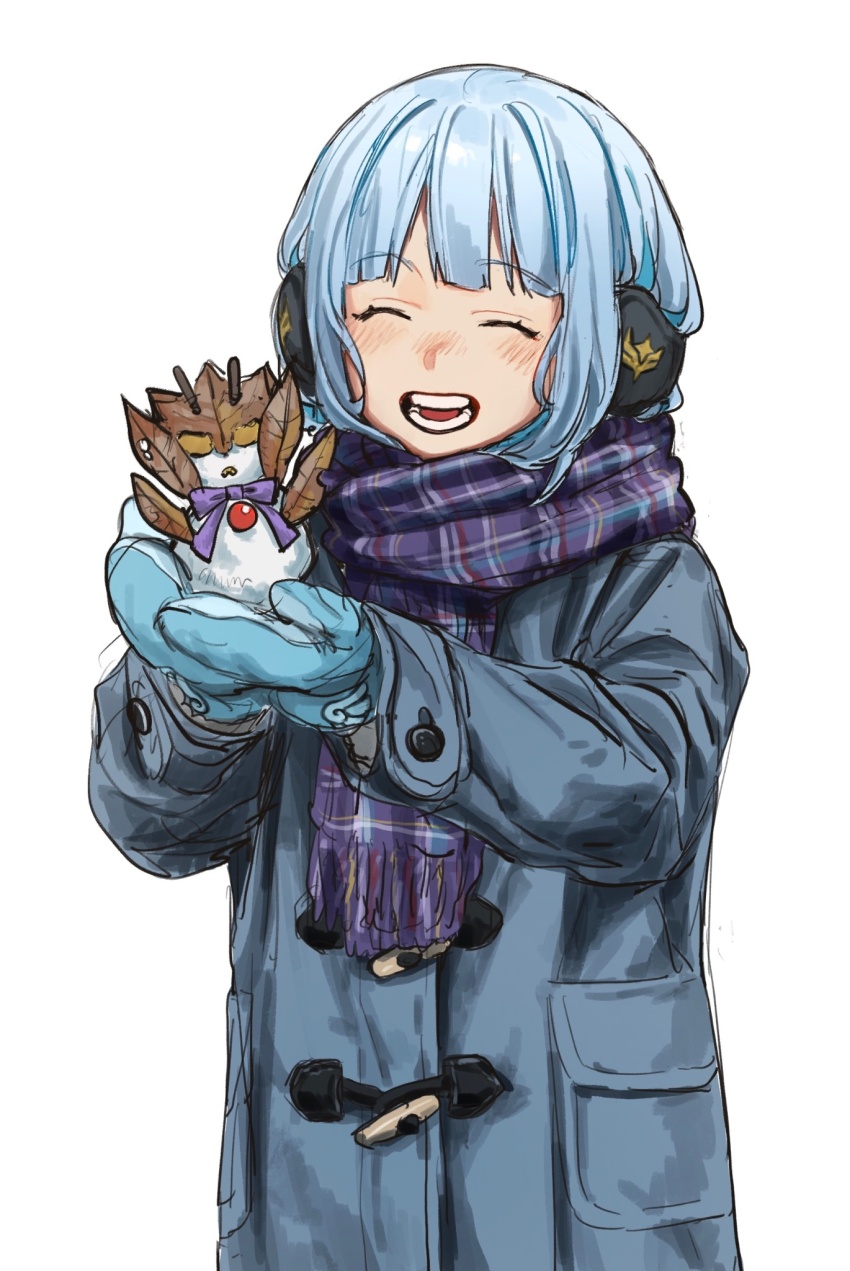 1girl, 53_(kanimisomrmr), blue_hair, closed_eyes, coat, commentary_request, duffel_coat, earmuffs